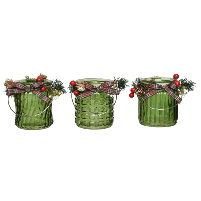 Groene glazen waxinelichthouder met wave patroon en versiering - Ø8 x 10 cm