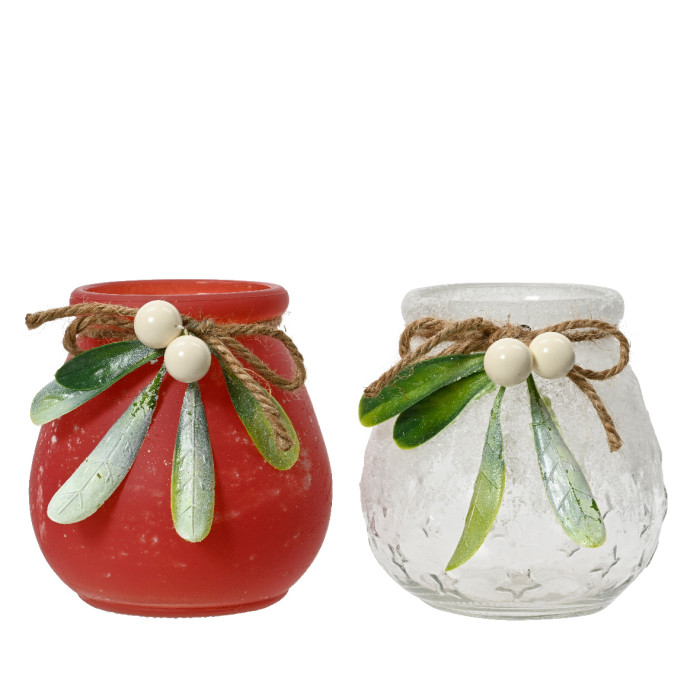 Witte glazen waxinelichthouder met blaadjes en besjes - Ø10,2 x 10,5 cm