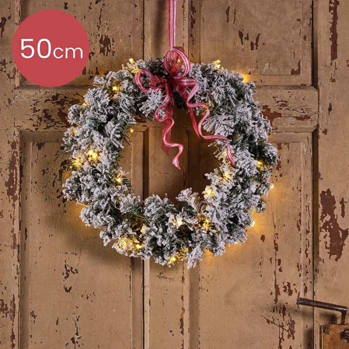 Kerstkrans / Deurkrans 50CM met LED verlichting ensneeuweffect - 40 lampjes