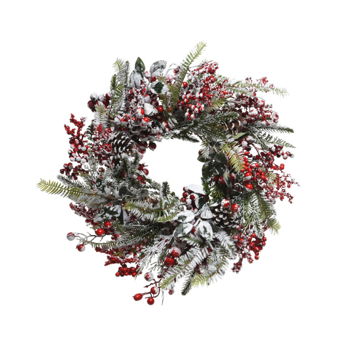 Decoratieve kerstkrans met sneeuw en rode besjes - Ø 40CM