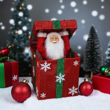Kerstman in een rood cadeau met groen lint en LED verlichting - 50 cm