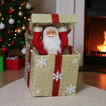 Kerstman in een gouden cadeau en LED verlichting - 50 cm