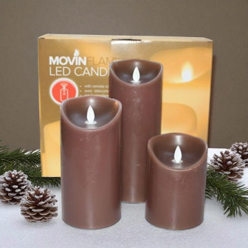 Set van 3 wax kaarsen met vlameffect - bruin ø9 cm