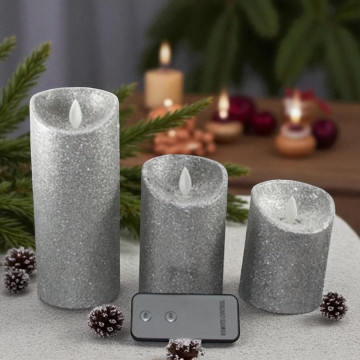 Set van 3 wax kaarsen met vlameffect - Zilver glitter ø9 cm
