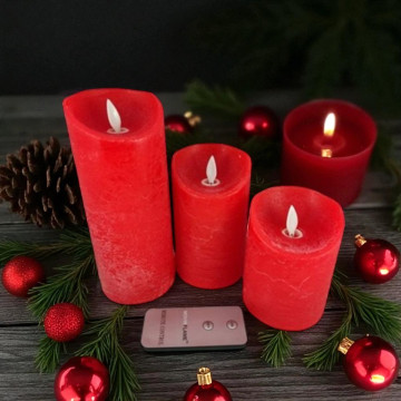 Set van 3 wax kaarsen met vlameffect - rustiek rood ø9 cm
