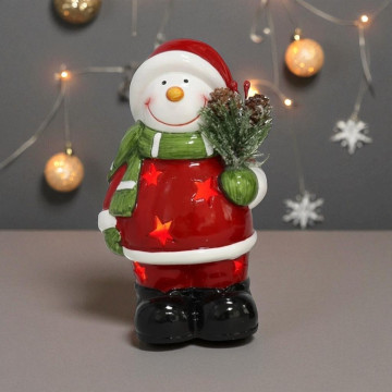 Porseleinen Sneeuwpop met LEDverlichting  - 16 cm