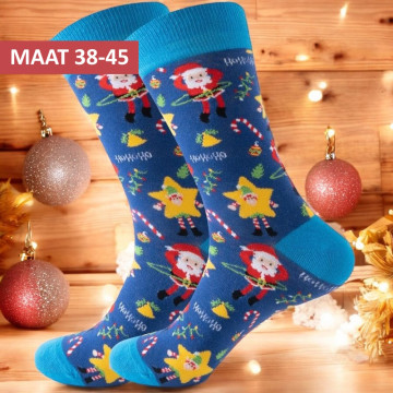 Blauwe kerstsokken met dansende kerstman - maat 38-45