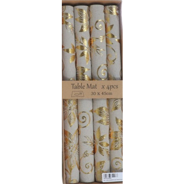 Set van 4 Kerst placemats met bloemen - Goud 30 x 45 cm