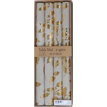 Set van 4 Kerst placemats met hulstbladeren - Goud 30 x 45 cm