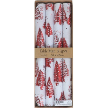 Set van 4 Kerst placemats met kerstbomen - wit met rood 30 x 45 cm