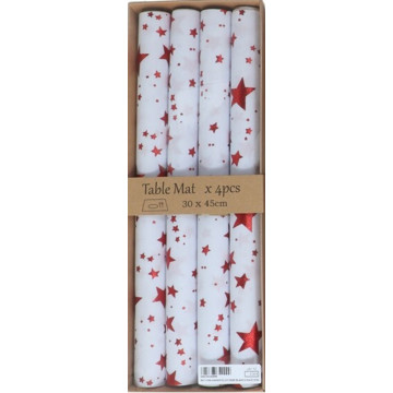Set van 4 Kerst placemats met sterren - wit met rood 30 x 45 cm