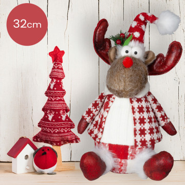 Handgemaakt zittend Rendier-mannetje met open jas en rood/wit geblokte broek - 32(40)cm