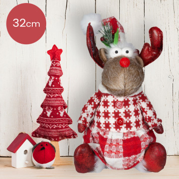 Handgemaakt zittend Rendier-vrouwtje met dichte jas en rood/wit geblokte jurk - 32(40)cm