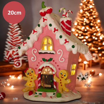 LED Peperkoekhuis met suikerwerk 20x14 cm - Roze