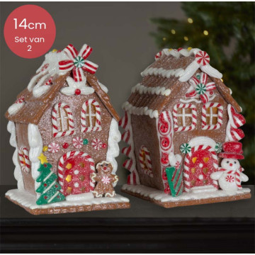 Bruine Peperkoekhuisjes set met rood/witte versiering - 14 cm