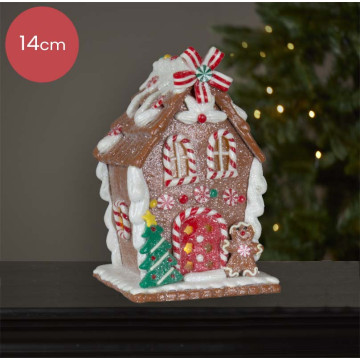 Bruin Peperkoekhuisje met peperkoekmannetje en kerstboom - 14 cm