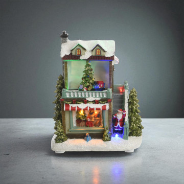 Handgeschilderd LED kersthuisje met speelgoedtrein - 18 cm hoog