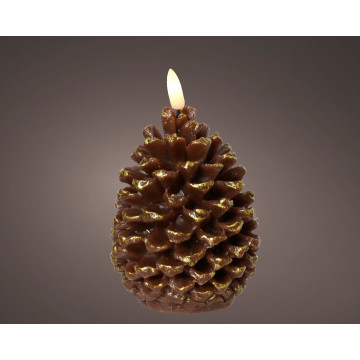 LED kaars dennenappel bruin/goud met vlam-effect ø8,5x13cm