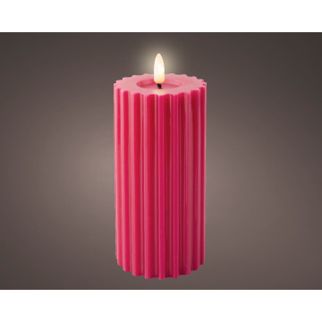 LED ribbel kaars donker roze met vlam-effect ø7,5 x17,3 cm