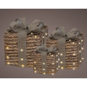Cadeauset met Micro LEDS en jute - Bruin - Set van 3 - 30 cm