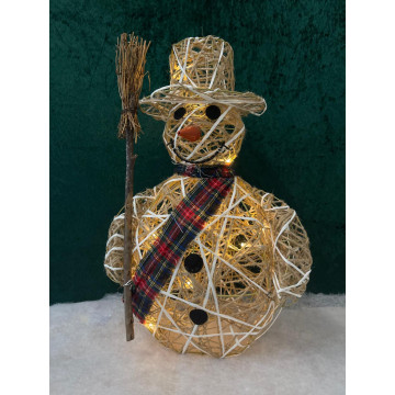 Rieten Sneeuwpop met 15 warm witte LEDS - 46 cm