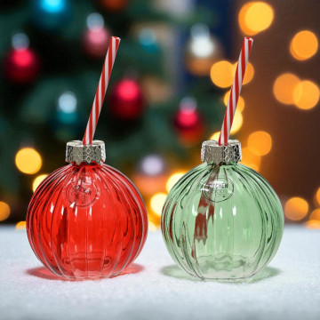Set van 2 Drinkbekers - Rode en groene kerstbal met rietje