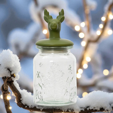 Glazen voorraadpot met groen rendier deksel - 23,5 cm hoog