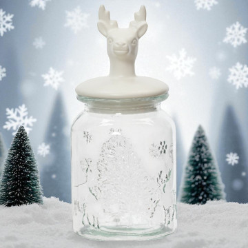 Glazen voorraadpot met wit rendier deksel - 23,5 cm hoog