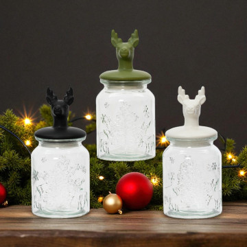 Set van 3 Kerst voorraadpotten met rendierdeksel - 23,5 cm hoog
