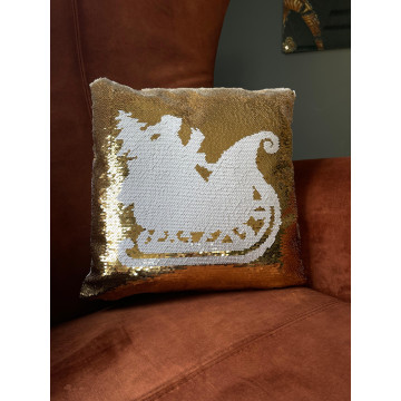 Kerst pailletten kussenhoes met arreslee - Goud - 38,5 x 38,5 cm 