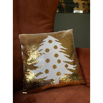 Pailletten kussenhoes met kerstboom - Goud - 38,5 x 38,5 cm 