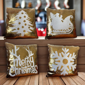 Set van 4 Kerst pailletten kussenhoezen - Goud - 38,5 x 38,5 cm 