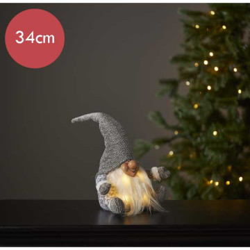 Kerstkabouter grijs met 4 LED lampjes - 34 cm