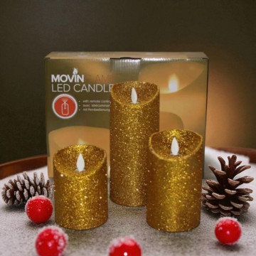 Set van 3 wax kaarsen met vlameffect - Goud glitter ø9 cm