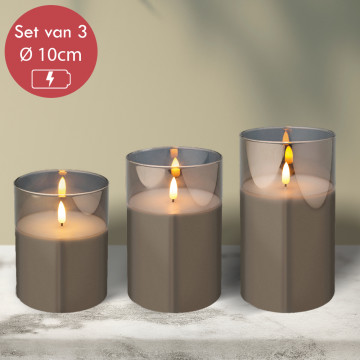 Set van 3 - LED kaars in rookglas ø10 x 17,5 cm