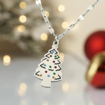 Zilveren ketting met kerstboom en kleurtjes 