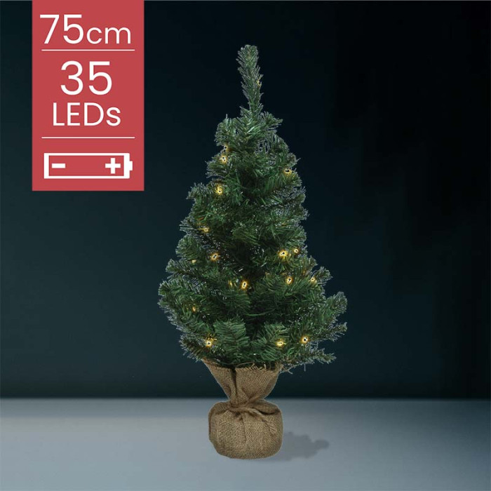 Kunstkerstboom met jute zak op batterijen - 35 micro LED lampjes - 75CM