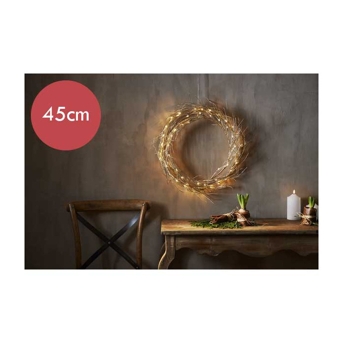 Gouden kerstkrans / deurkrans met 50 LED lampjes - 45 cm 