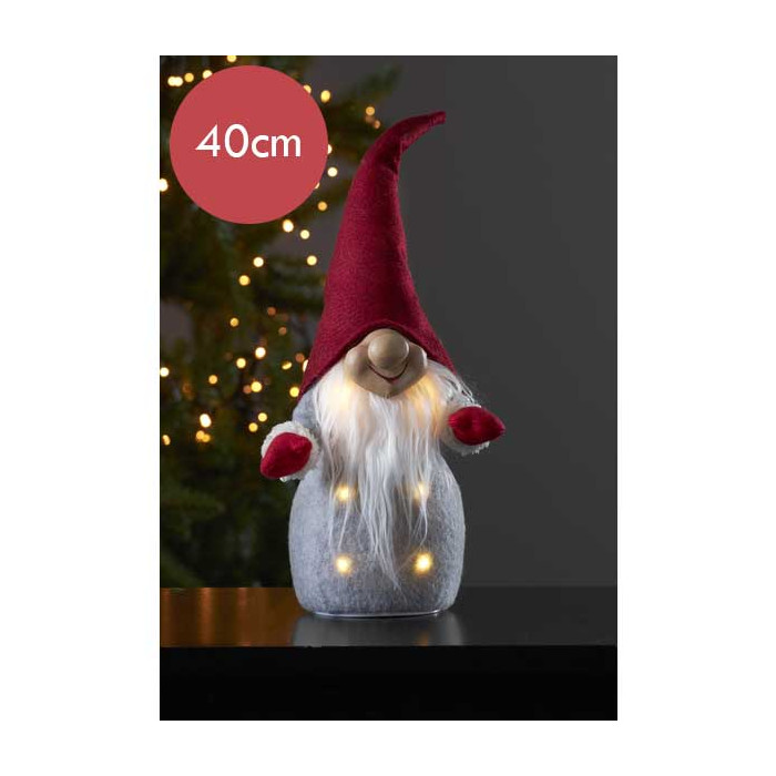 Kerstkabouter rood met 6 LED lampjes - 40 cm