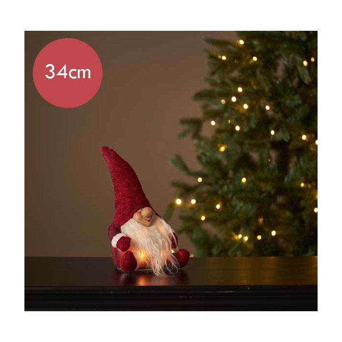 Kerstkabouter rood met 4 LED lampjes - 34 cm