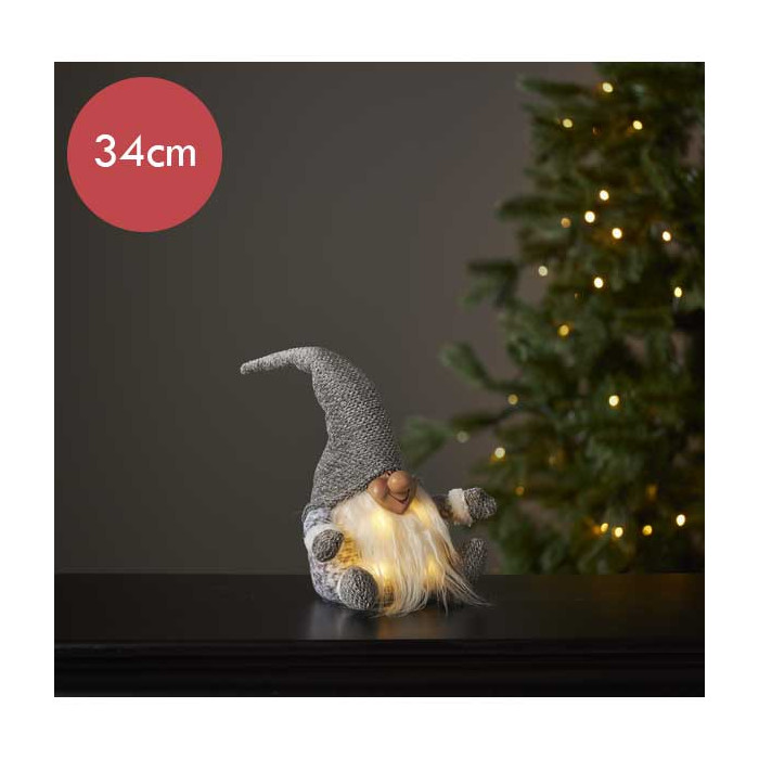 Kerstkabouter grijs met 4 LED lampjes - 34 cm