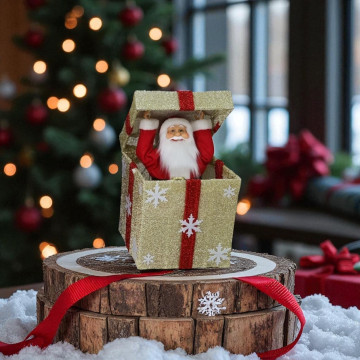 Kerstman in een gouden cadeau en LED verlichting - 50 cm