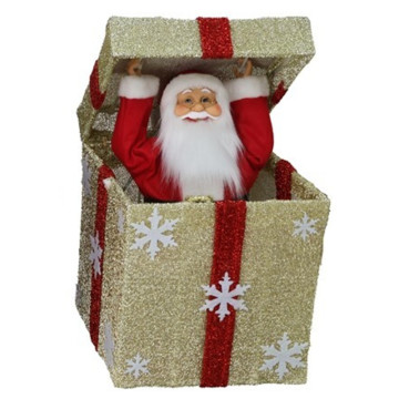 Kerstman in een gouden cadeau en LED verlichting - 50 cm