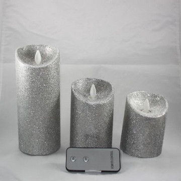 Set van 3 wax kaarsen met vlameffect - Zilver glitter ø9 cm