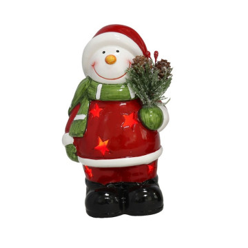 Porseleinen Sneeuwpop met LEDverlichting  - 16 cm