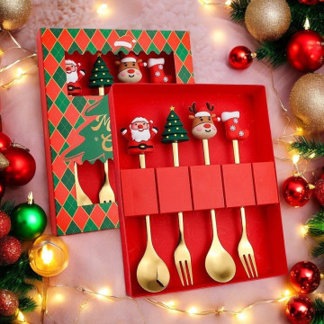Cadeauset Dessertbestek met kerstfiguren - set van 4