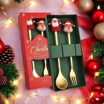 Cadeauset goudkleurig dessertbestek kerstman en rendier 