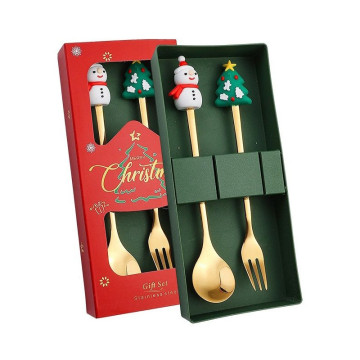 Cadeauset Kerst dessertbestek met sneeuwpop en kerstboom