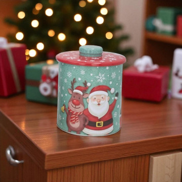 Vooraadpot met deksel Kerstman & rendier - 15,5 cm hoog