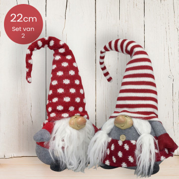 Handgemaakt Gnomen-duo met rood/witte mutsen - 22cm